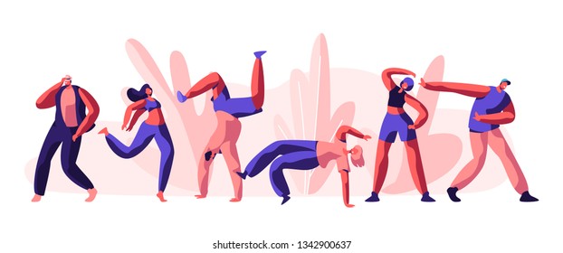 Disco Guy Freestyle Dancing Party. Youth People, Boy and Girl Active Motion Together. Activity Lifestyle for Cool Dance and Shape on Street Concert. Flat Cartoon Vector Illustration