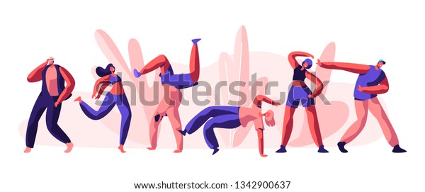 Disco\
Guy Freestyle Dancing Party. Youth People, Boy and Girl Active\
Motion Together. Activity Lifestyle for Cool Dance and Shape on\
Street Concert. Flat Cartoon Vector\
Illustration