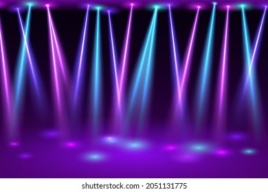 Disco hall with spotlights. Bright flashes of neon lamps on empty festive stage presentation and club fun party opening colorful performance.