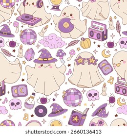 Disco Halloween Pattern, Groovy Ghosts Elements Seamless Pattern Isolated Hand Drawn Design for Fabric Digital paper Vector