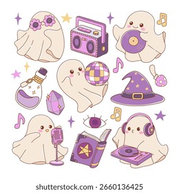 Disco Halloween Vector, Groovy Ghosts Doodle Cartoon Style Hand Drawn Elements Vector