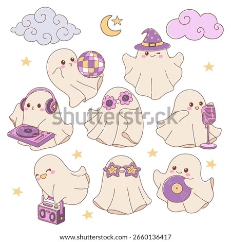 Disco Halloween Vector, Groovy Ghosts Doodle Cartoon Style Hand Drawn Elements Vector