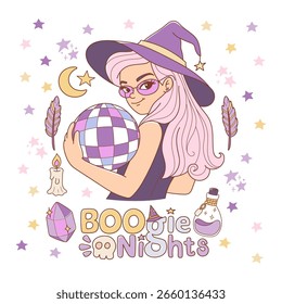 Disco Halloween Witch Vector, Groovy Witch Doodle Cartoon Style Hand Drawn Elements Vector