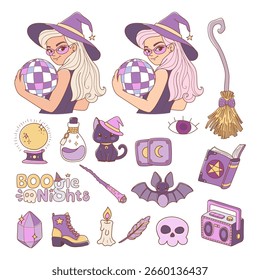 Disco Halloween Witch Vector, Groovy Witch Doodle Cartoon Style Hand Drawn Elements Vector