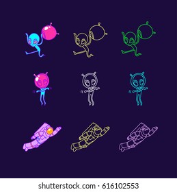 Disco hand drawn space illustration - space alien and astronaut in neon