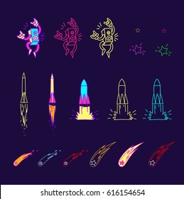 Disco hand drawn space illustration - space hopper alien and astronaut in neon with rocket star comet