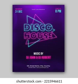 Disco House Party Flyer Design With Neon Light Effect In Purple Color.