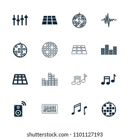 Disco icon. collection of 16 disco filled and outline icons such as dance floor, note, equalizer, music loudspeaker. editable disco icons for web and mobile.