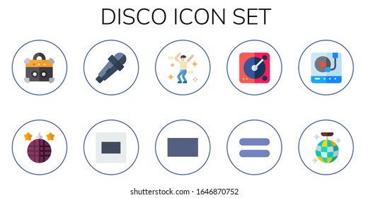 disco icon set. 10 flat disco icons. Included amplifier, disco ball, karaoke, equal, dancing, turntable, Turntable icons