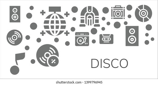 disco icon set. 11 filled disco icons.  Simple modern icons about  - Woofer, Mirror ball, Vinyl, Turntable, Musical note, Cassette, Jukebox, Vynil, Amplifier, Subwoofer