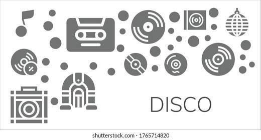 disco icon set. 11 filled disco icons. Included Musical note, Cassette, Vynil, Vinyl, Amplifier, Mirror ball icons