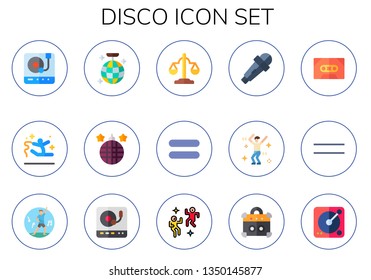 disco icon set. 15 flat disco icons.  Simple modern icons about  - Turntable, dance, disco ball, equality, equal, karaoke, dancing, cassette, turntable, amplifier