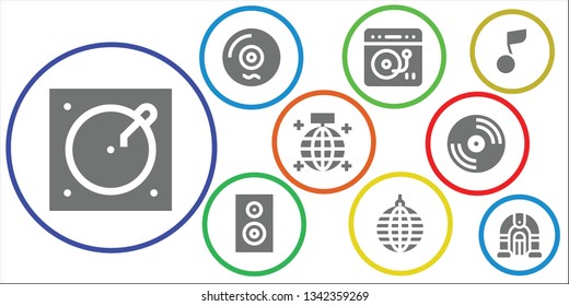 disco icon set. 9 filled disco icons.  Collection Of - Turntable, Vinyl, Woofer, Mirror ball, Musical note, Jukebox