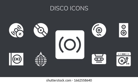 disco icon set. 9 filled disco icons.  Simple modern icons such as: Record, Mirror ball, Vinyl, Vynil, Turntable, Subwoofer, Cassette