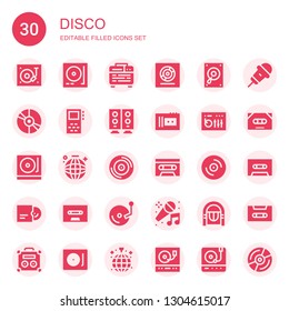 disco icon set. Collection of 30 filled disco icons included Turntable, Amplifier, Vinyl, Record player, Record, Woofer, Cassette, Dj mixer, Dance, Karaoke, Jukebox, Disco