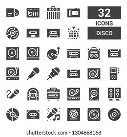 disco icon set. Collection of 32 filled disco icons included Vinyl, Karaoke, Cassette, Woofer, Record player, Turntable, Amplifier, Jukebox, Record, Disco, Dj mixer