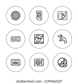 Disco icon set. collection of 9 outline disco icons with arcade, cassette, dance, record, vynil icons. editable icons.