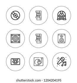 Disco icon set. collection of 9 outline disco icons with arcade, cassette, jukebox, karaoke, music box, woofer, vinyl icons. editable icons.
