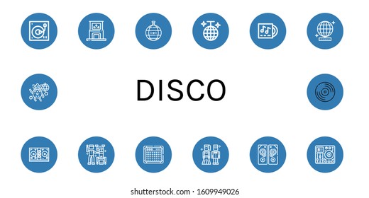 disco icon set. Collection of Turntable, Dance, Disco ball, Lp, Mirror ball, Disc jockey, Amplifier, Prom night, Sound system, Mixing table, Dancing, Vynil icons