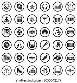 Disco Icons. Black Flat Design In Circle. Vector Illustration.