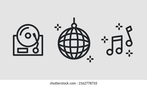 Disco icons. Mixing console, disco ball and musical notes icons isolated on grey background. Icons for web design, app interface. Vector illustration