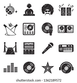 Disco Icons. Set 2. Black Scribble Design. Vector Illustration.