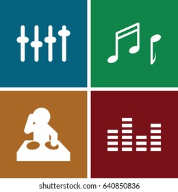 Disco icons set. set of 4 disco filled icons such as note, equalizer