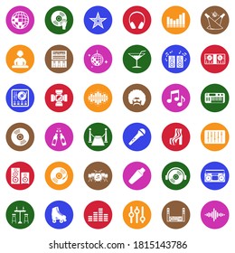 Disco Icons. White Flat Design In Circle. Vector Illustration.