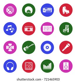 Disco Icons. White Flat Design In Circle. Vector Illustration. 