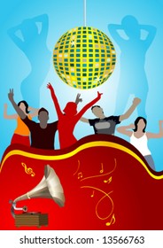 Disco illustration with globe and teens dancing