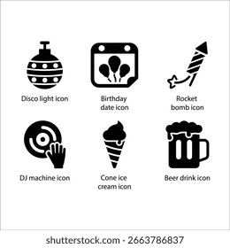 Disco light, Birthday date, Rocket bomb, DJ machine, Cone ice cream, Beer drink, icon