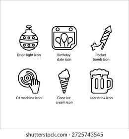 Disco light, Birthday date, Rocket bomb, DJ machine, Cone ice cream, Beer drink, icon