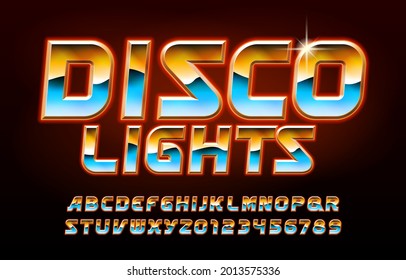 Disco Lights alphabet font. Glowing letters and numbers in 80s style. Stock vector typeface for your typography design.
