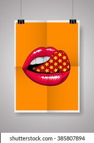 Disco lips poster on grey wall background.
