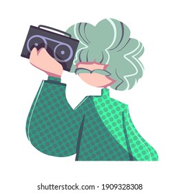 Disco Man vector. DJ in a green fashion shirt with a radio tape recorder 70s style. Soul party time, Retro outfit trendy illustration. 