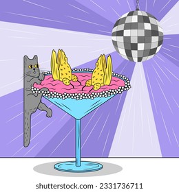 Una discoteca o un espejo con ras brillantes. Música y baile, patos en un vaso de martini y un gato. Ilustración vectorial al estilo de las caricaturas planas.