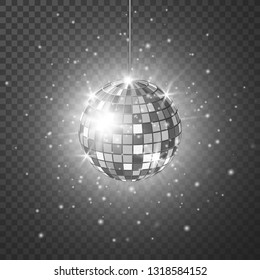 Disco or mirror ball with bright rays. Music and dance night party background. Abstract night club retro background 80s and 90s. Vector illustration.