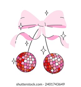 Disco mirror ball cherry with bow in cartoon style. Cute trendy design. Vector funky illustration. Ballet-core, coquette-core background.  