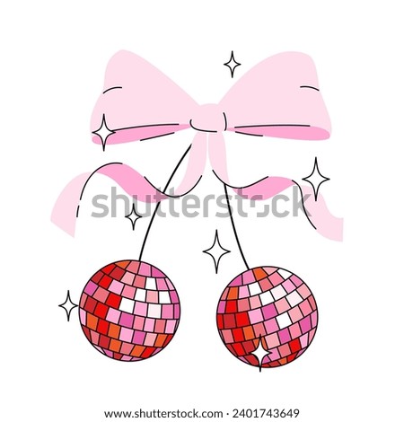 Disco mirror ball cherry with bow in cartoon style. Cute trendy design. Vector funky illustration. Ballet-core, coquette-core background.  