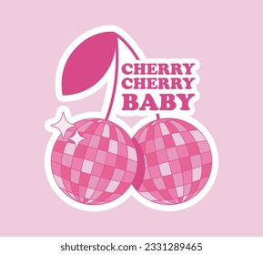 Disco mirror ball cherry in cartoon style pink colors. Vector funky illustration. Groovy sticker with lettering cherry baby