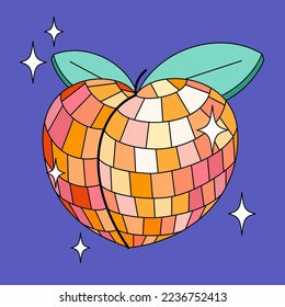 Disco mirror ball peach in cartoon style. Vector funky illustration. 