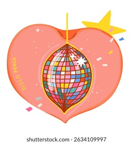 Disco mirror ball in peach in cartoon style. Cute trendy design. Sticker, icon. Vector funky illustration isolated on a white background.