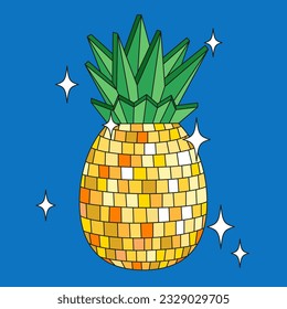 Disco Spiegel-Ball Ananas im Cartoon-Stil. Vektorgrafik funky. 