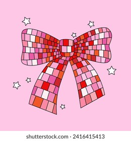 Disco mirror ball pink bow in cartoon style. Cute trendy design. Vector funky illustration. Ballet-core, coquette-core background.  