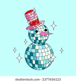 Disco mirror ball snowman in hat on blue background.
Cute Christmas card. Vector funky illustration.