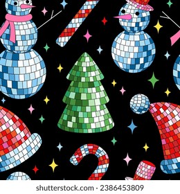 Disco mirror ball snowman, Santa hat, candy cane in cartoon style on black background.
Cute Christmas seamless pattern. Vector funky illustration. Trendy wrapping paper texture.