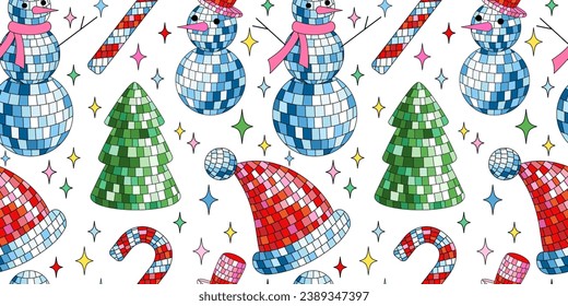 Disco mirror ball snowman, Santa hat, candy cane in cartoon style on black background.
Cute Christmas seamless pattern. Vector funky illustration. Trendy wrapping paper texture.