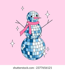 Disco mirror ball snowman with scarf in cartoon style on pink background.
Cute Christmas card. Vector funky illustration.