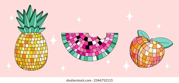 Disco mirror ball watermelon slice, pineapple, peach in cartoon style. Vector funky illustration.