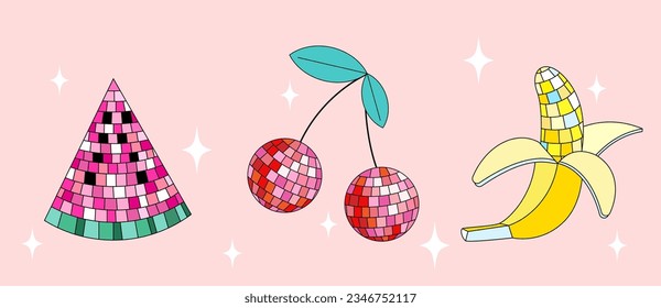 Disco mirror ball watermelon slice, cherry, banana in cartoon style. Vector funky illustration.